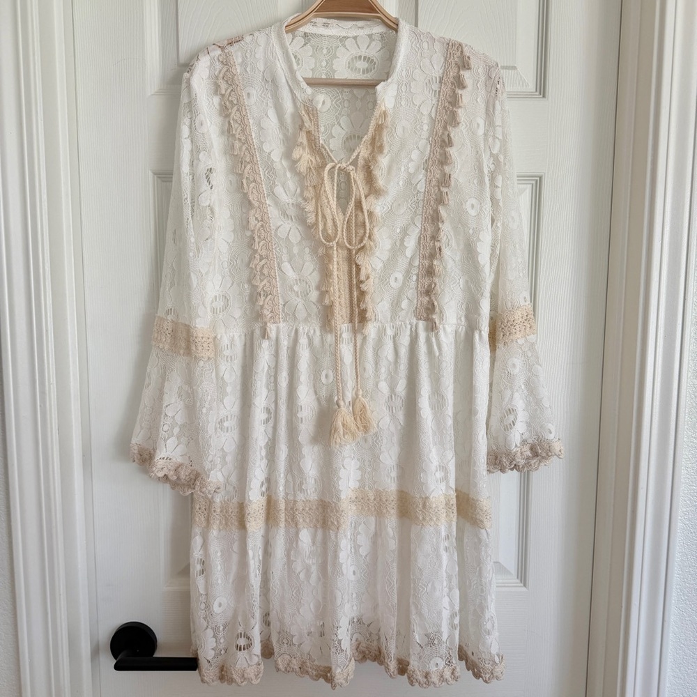 🇬🇷 Greek Santorini Lace Boho Dress with Tassels White Beige - Picture 5 of 13